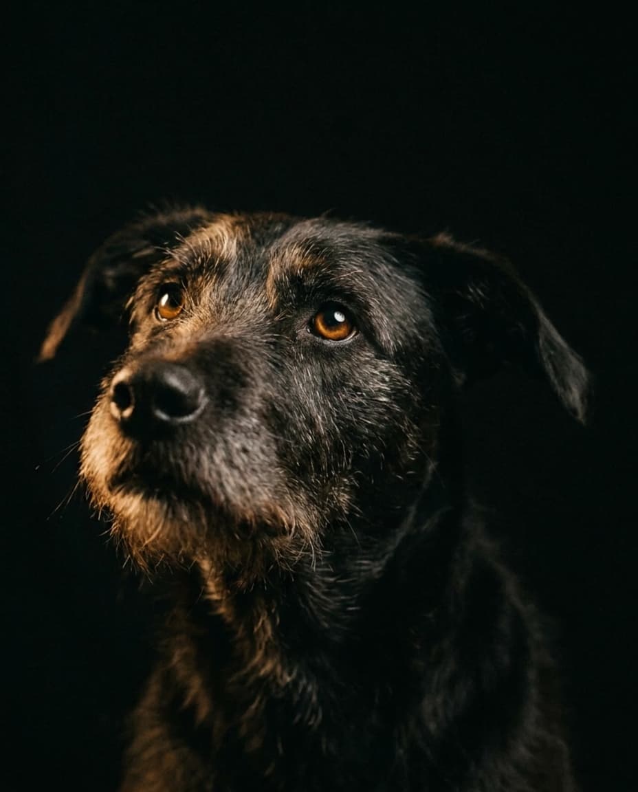 A veterinarian reviewing a note on a phone beside a calm dog.