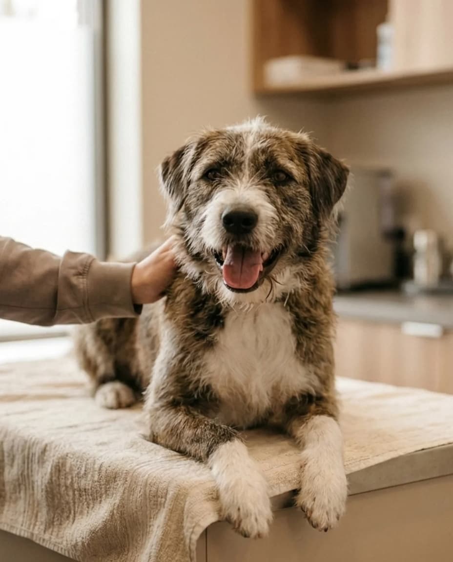 A veterinarian photographing a dog's ear during an exam.